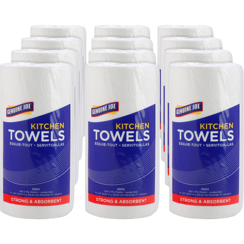 Three rows of Genuine Joe branded white kitchen towel rolls with blue labels, stacked on white background