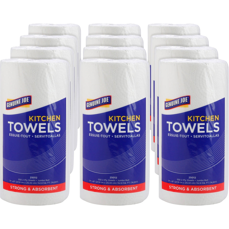 Three rows of Genuine Joe branded white kitchen towel rolls with blue labels, stacked on white background