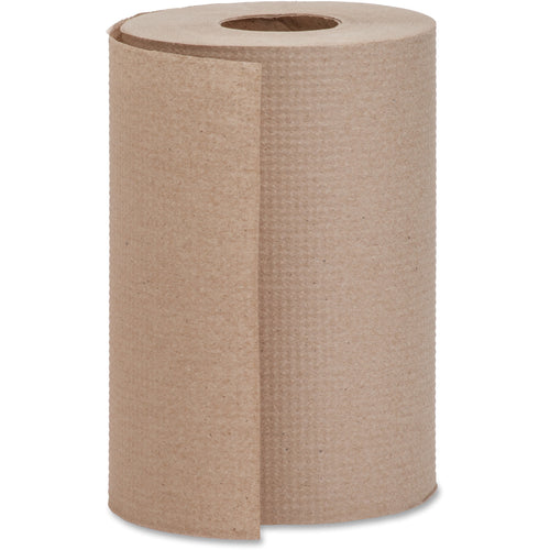 Genuine Joe natural kraft embossed hardwound roll towel showing textured brown paper and cardboard core.