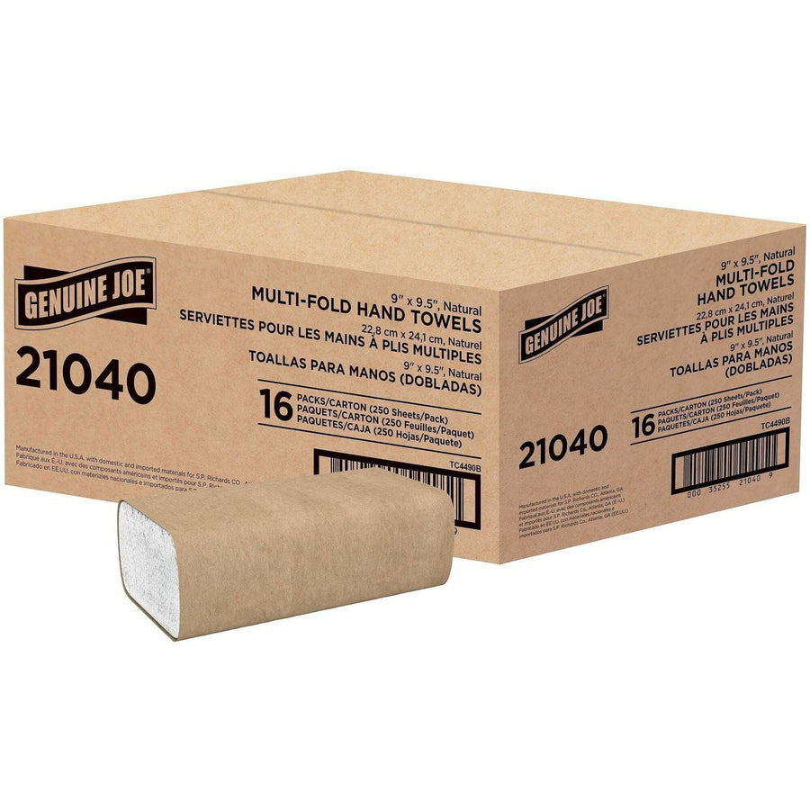 Cardboard case of Genuine Joe multi-fold natural brown hand towels with one towel shown in front