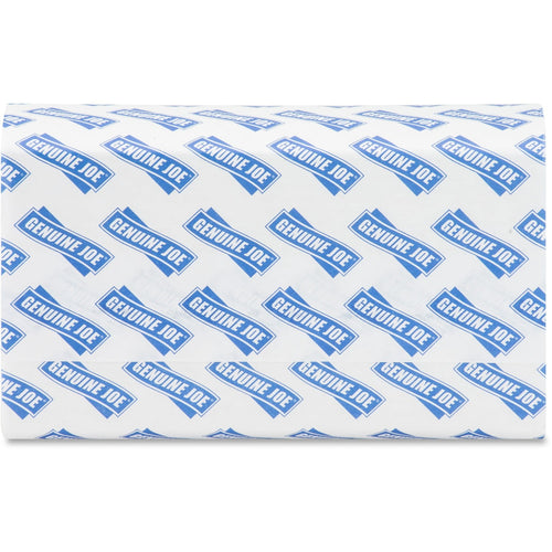 Close-up of a Genuine Joe branded multifold paper towel showing repeating blue Genuine Joe logo on white paper.
