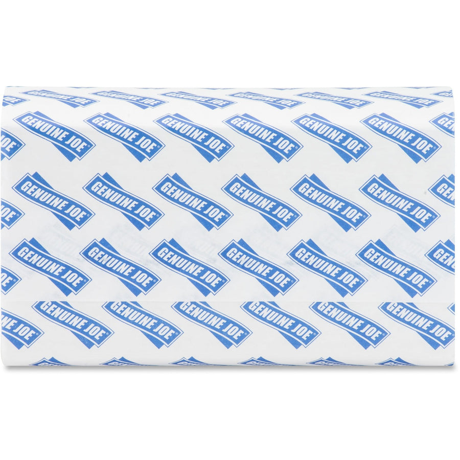Close-up of a Genuine Joe branded multifold paper towel showing repeating blue Genuine Joe logo on white paper.