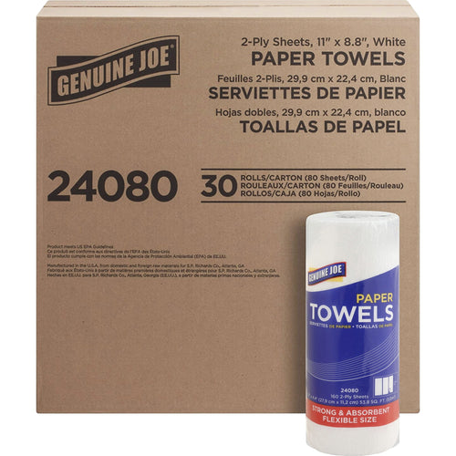 Kraft carton box labeled Genuine Joe paper towels with a single wrapped roll shown in front