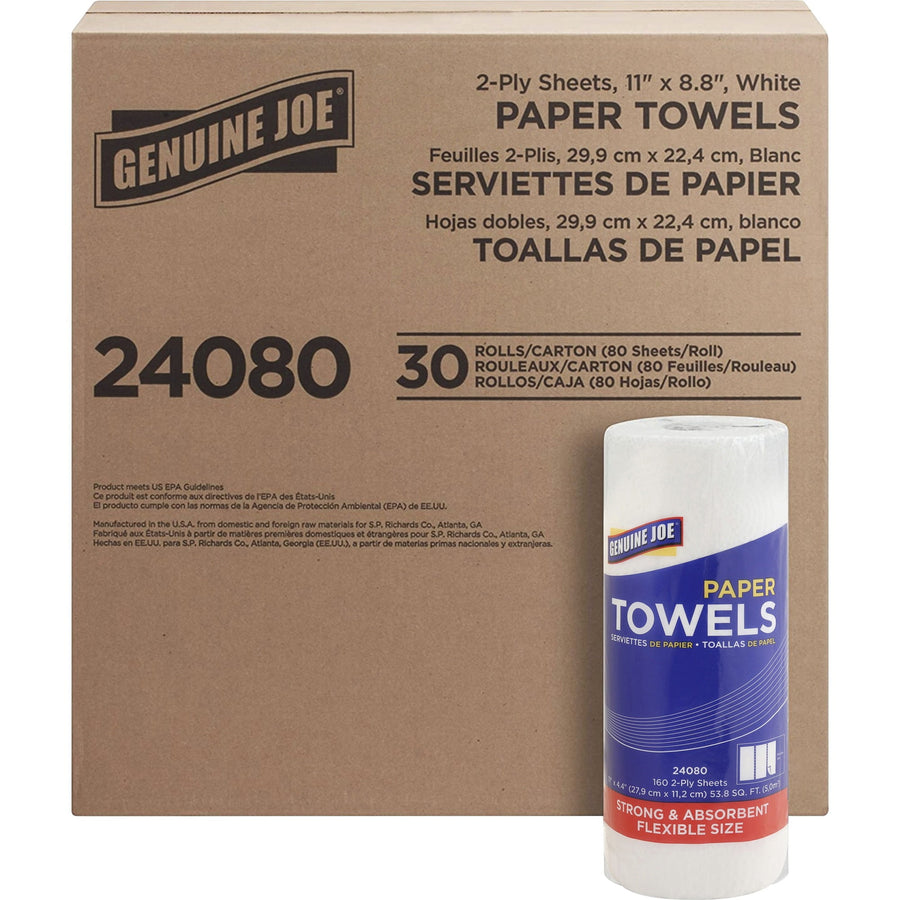 Kraft carton box labeled Genuine Joe paper towels with a single wrapped roll shown in front