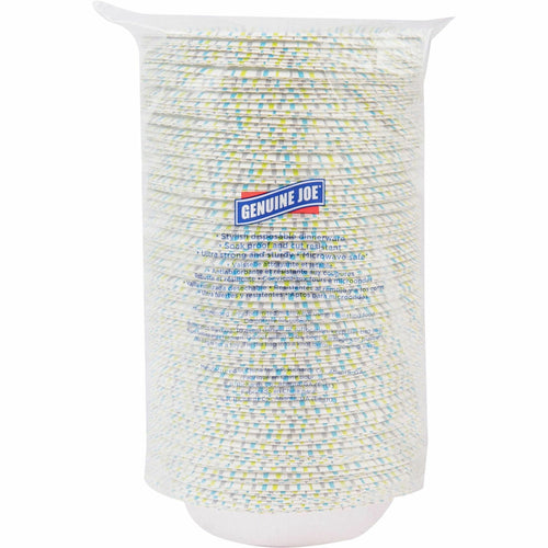 Stack of Genuine Joe printed disposable paper bowls in clear plastic packaging showing brand logo