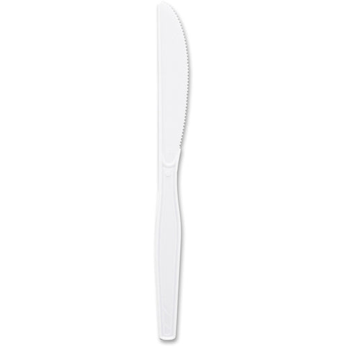 Single white serrated disposable plastic knife photographed upright on a white background, Genuine Joe style