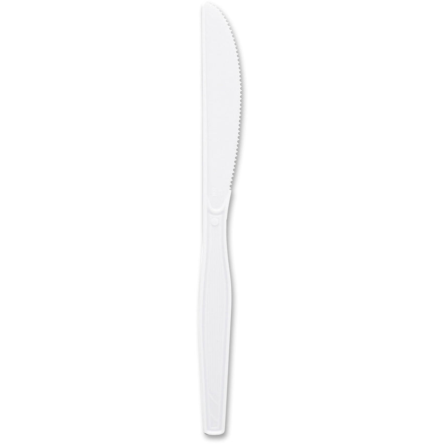 Single white serrated disposable plastic knife photographed upright on a white background, Genuine Joe style