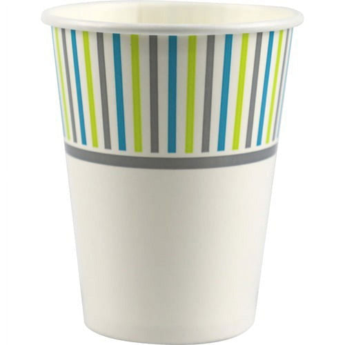Genuine Joe disposable cold paper cup with blue, green and gray vertical stripe pattern and gray band near the rim