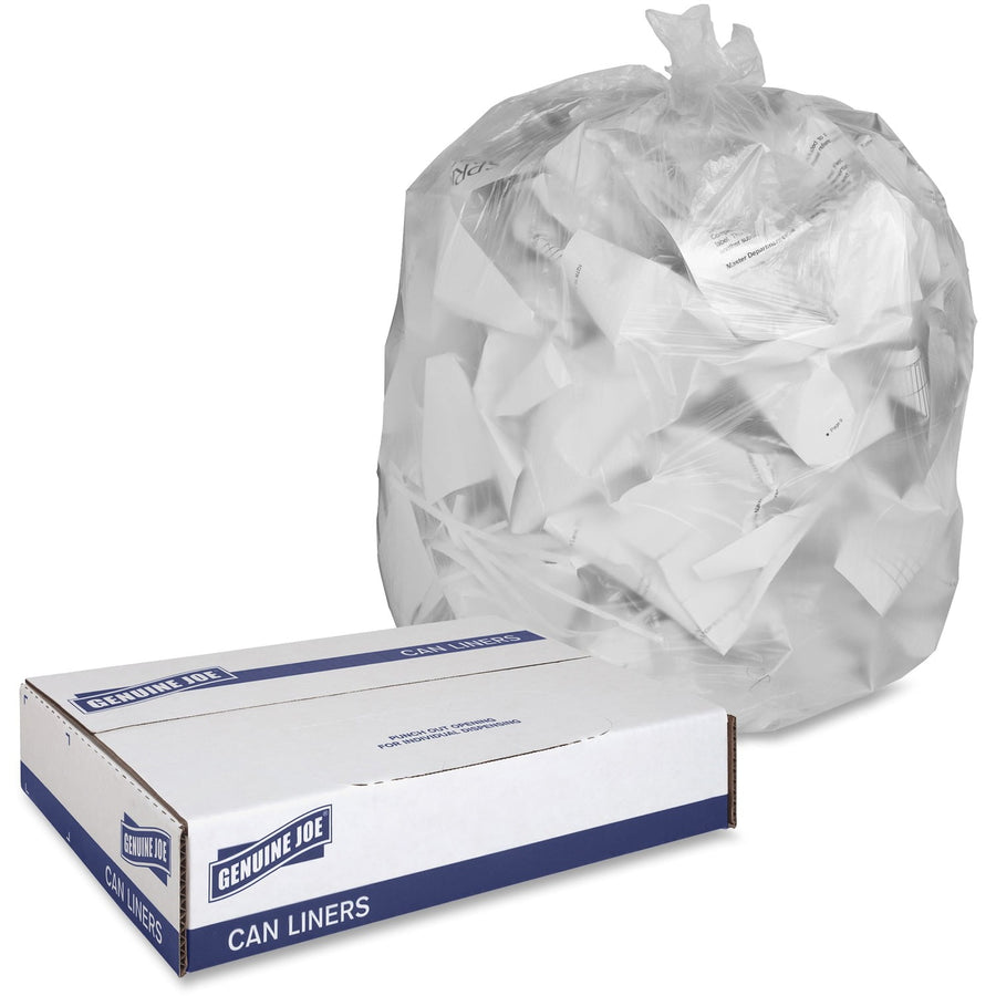 White translucent trash bag filled with crumpled paper next to a Genuine Joe cardboard box labeled 'Can Liners'