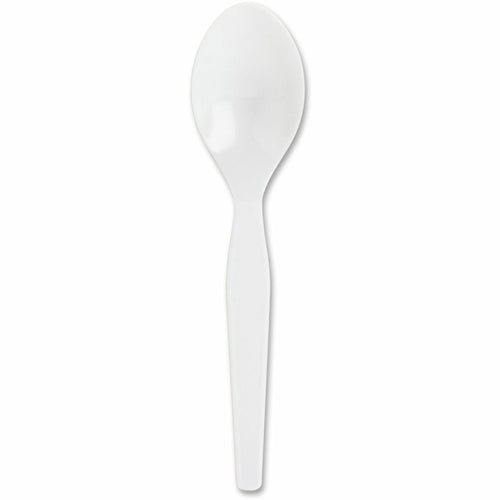 Single white heavyweight disposable plastic spoon photographed on a white background.