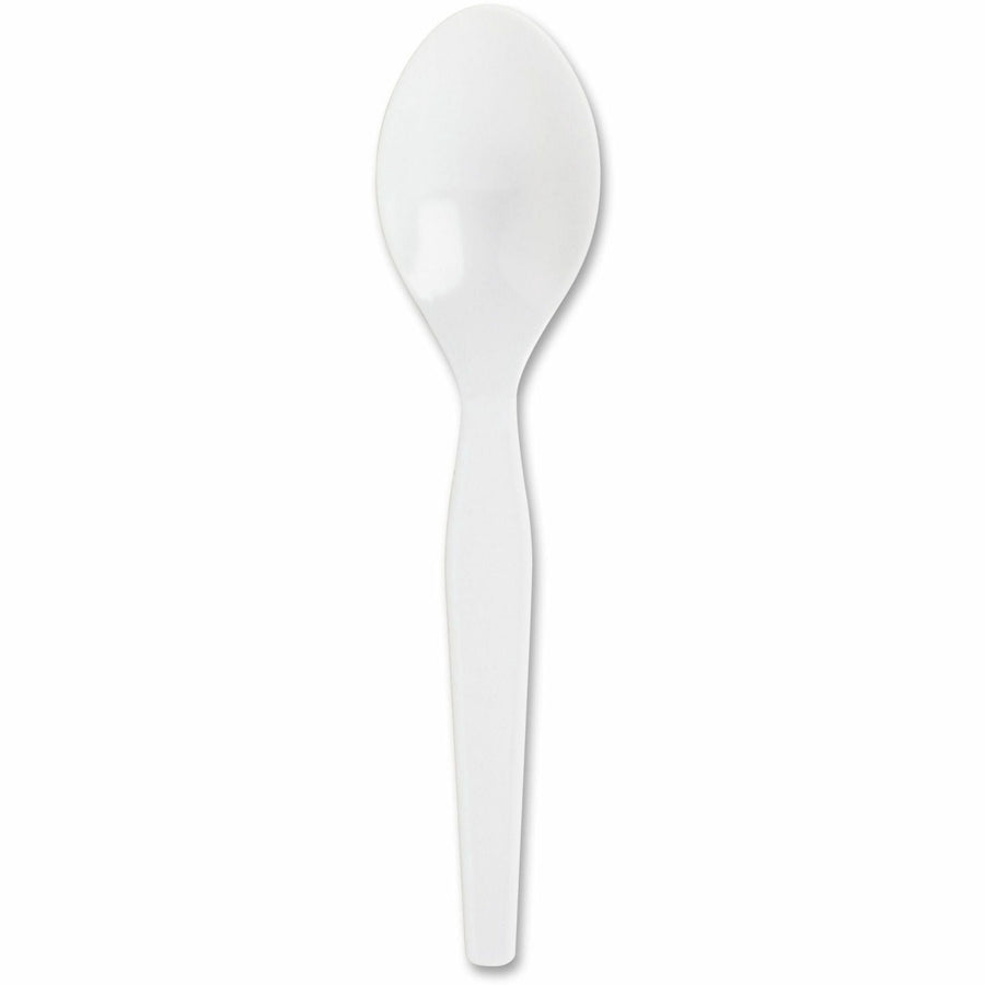 Single white heavyweight disposable plastic spoon photographed on a white background.