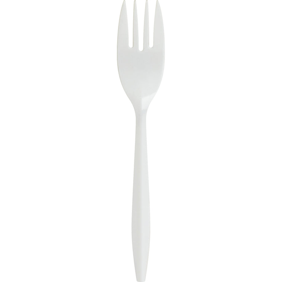White Genuine Joe medium-weight disposable polypropylene fork on a plain white background