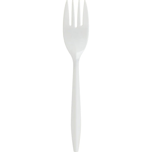 White medium-weight plastic fork, four-tined polypropylene utensil on white background