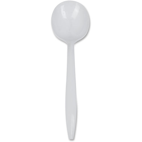 Single white plastic soup spoon photographed on a white background, bowl facing forward and handle pointing down.