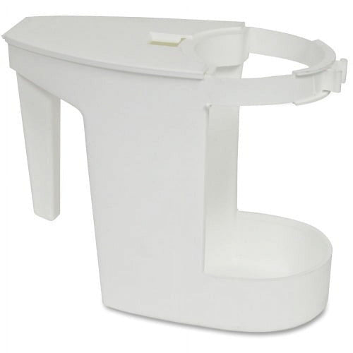 White plastic mop caddy with clamp ring and open basin for holding a toilet-bowl mop and supplies