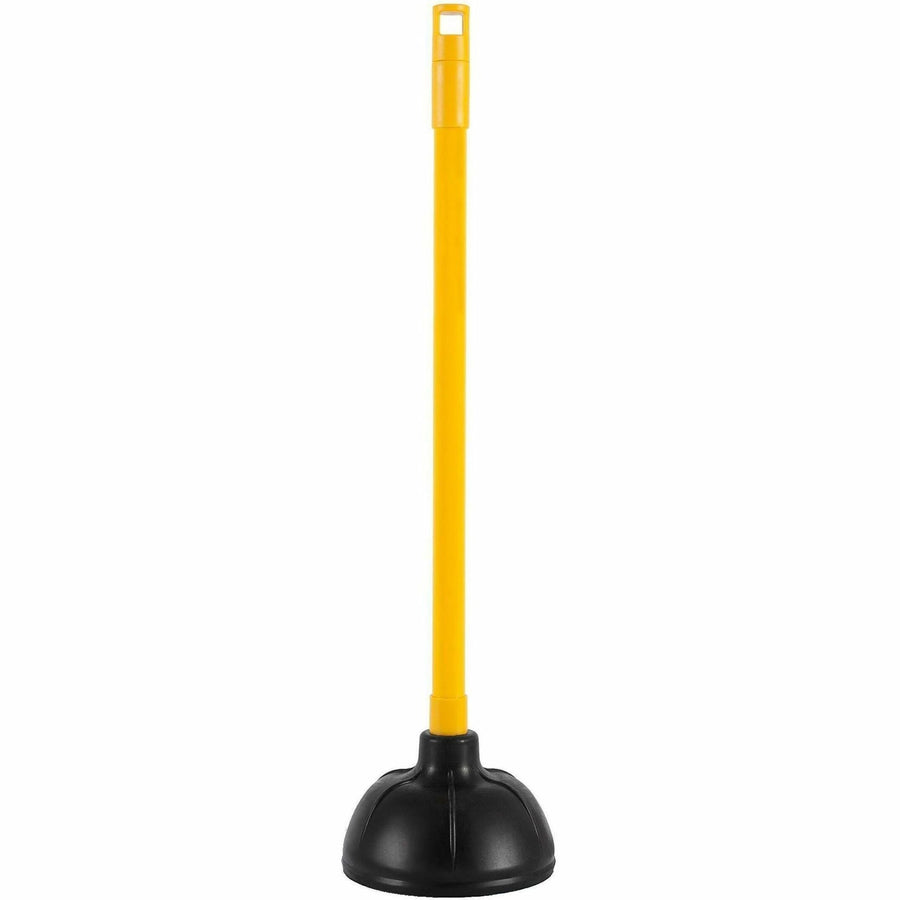 Yellow-handled plunger with a black rubber cup on a white background, straight vertical orientation