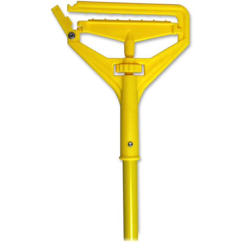 Yellow mop handle and speed-change clamp head with push-button release on a white background