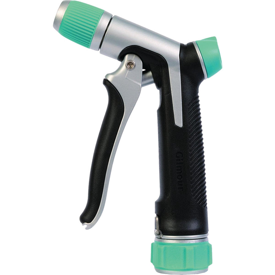 Close-up of a Gilmour heavy-duty front trigger hose nozzle with black body and green accents on white background