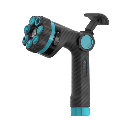 Angled view of a graphite-textured Gilmour fireman's style garden nozzle with turquoise accents