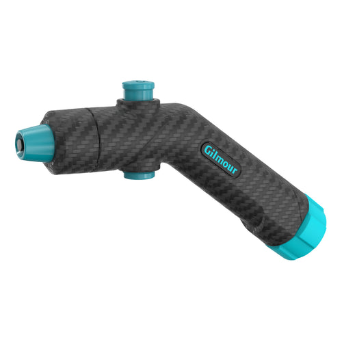 Angled close-up of a Gilmour swivel-connect hose nozzle with carbon-fiber texture and teal accents on white background
