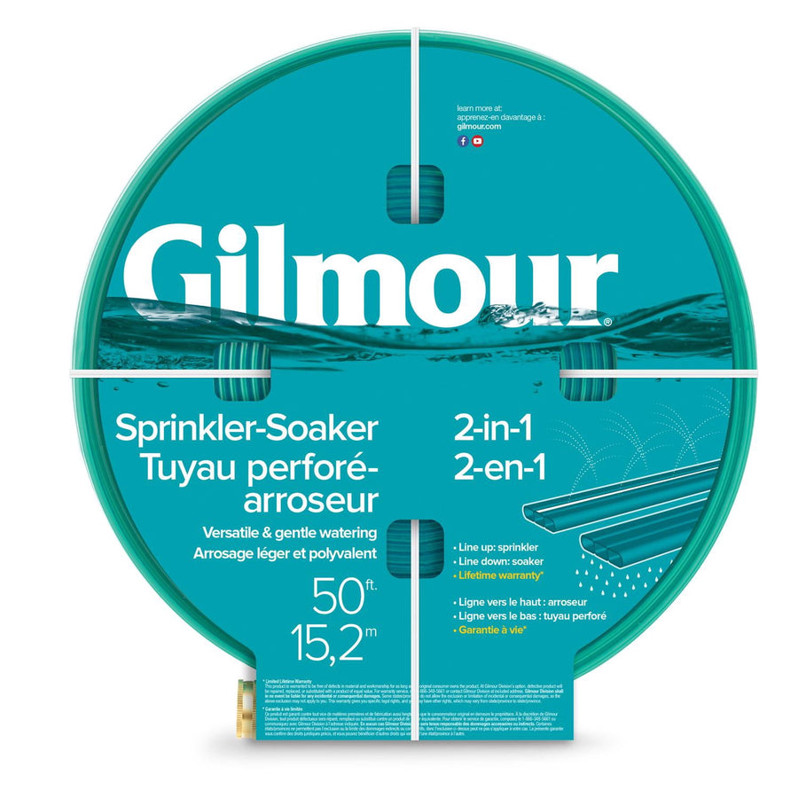 Circular teal Gilmour branded cardboard label showing 'Sprinkler-Soaker' and 50 ft size on coiled hose