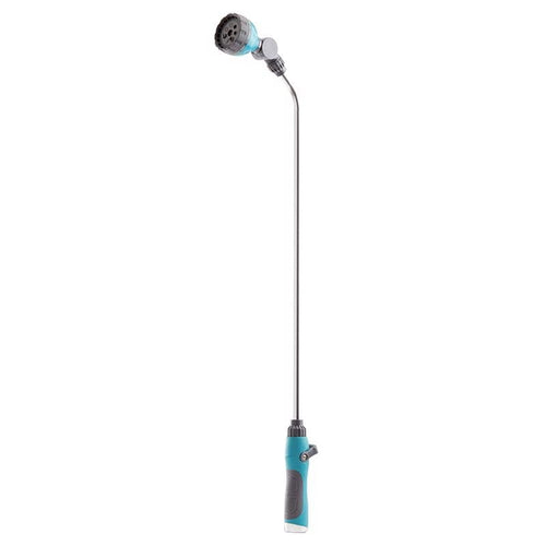 Long zinc watering wand with turquoise ergonomic handle and multi-pattern spray head on white background