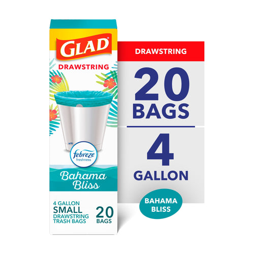 Glad Bahama Bliss 4-gallon drawstring trash bag packaging showing teal bag in a small can and large quantity callouts