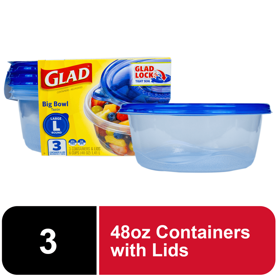 glad big bowl large round plastic food storage container with blue lid beside the retail box showing 3-count and 48 oz capacity