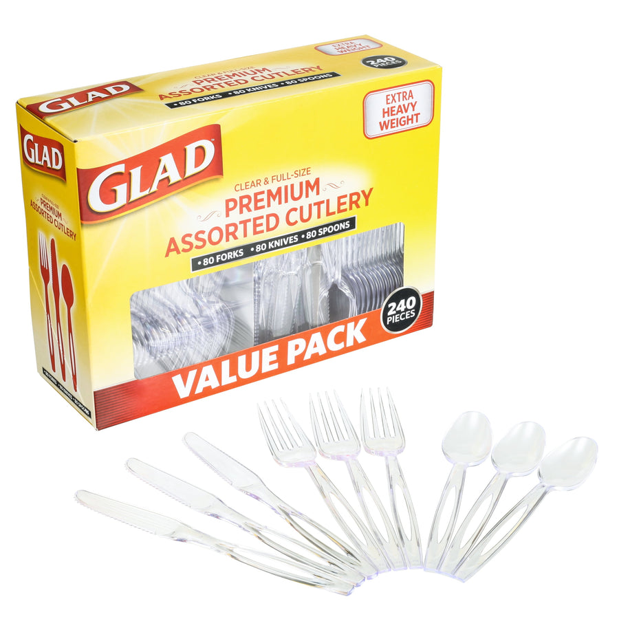 Glad yellow value-pack box of clear premium assorted plastic cutlery with knives, forks and spoons fanned in front