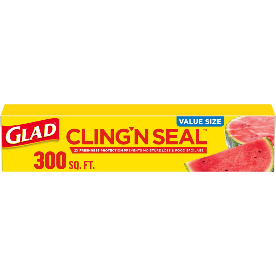 Yellow Glad Cling'N Seal box front with large red logo, 300 sq. ft. label and watermelon image