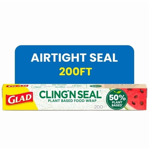 Glad Cling'n Seal plant-based food wrap box with 50% plant-based badge and 'Airtight Seal 200FT' callout