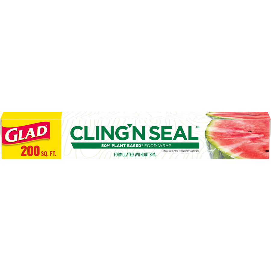 Long rectangular box of Glad Cling'n Seal plant-based food wrap showing brand, product name and a watermelon slice