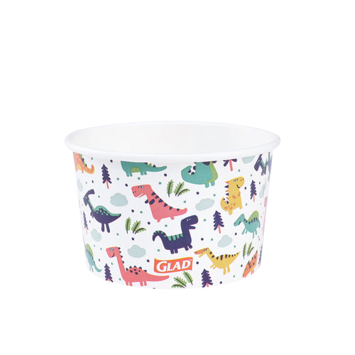 Single Glad For Kids paper snack bowl with colorful dinosaur pattern and Glad logo on white background
