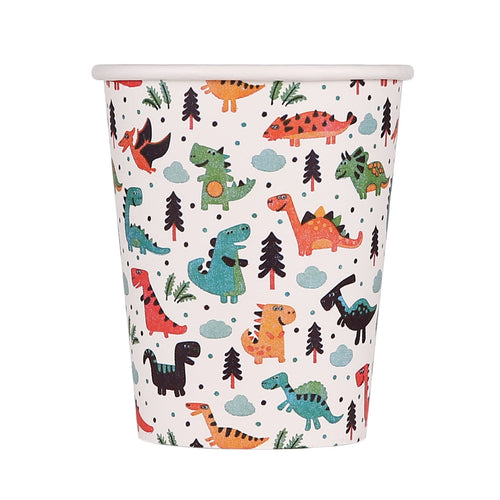 Single white paper cup covered in colorful cartoon dinosaur and tree pattern on a white background