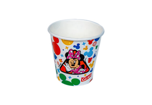 Single Glad Disney Minnie Mouse themed 3 oz paper bath cup with colorful Mickey head icons on a white background.