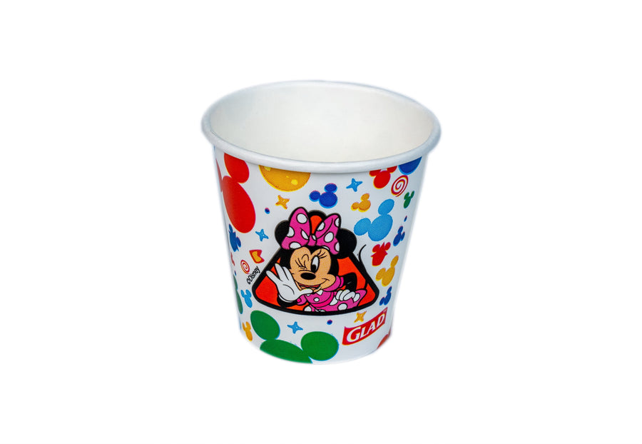 Single Glad Disney Minnie Mouse themed 3 oz paper bath cup with colorful Mickey head icons on a white background.