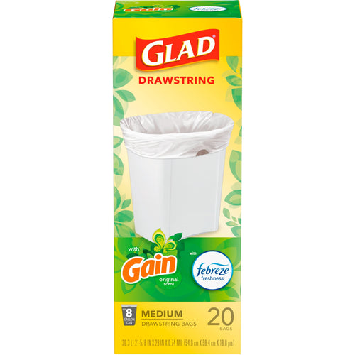 Tall Glad Drawstring product box featuring a white trash can, Gain and Febreze logos, labeled 8 gallon medium drawstring bags, 20 bags.