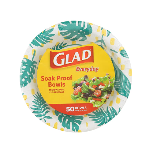 Top view of Glad Everyday palm-leaf patterned paper bowl with branded yellow label and salad image