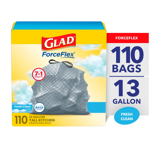 Front-facing Glad ForceFlex packaging showing a gray patterned trash bag and large callout for 110 bags and 13 gallon size.