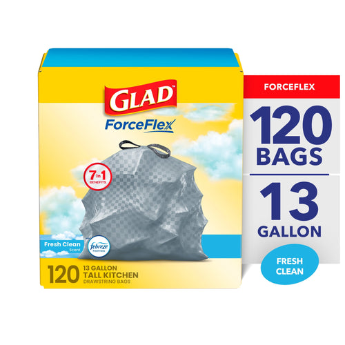 Box of Glad ForceFlex 13-gallon drawstring kitchen bags with Febreze Fresh Clean label and large 120 bags callout