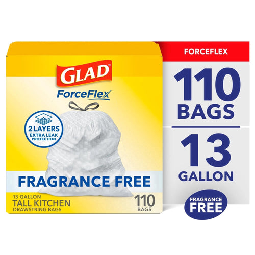 Glad ForceFlex 13-gallon fragrance-free tall kitchen drawstring trash bags box labeled 110 bags