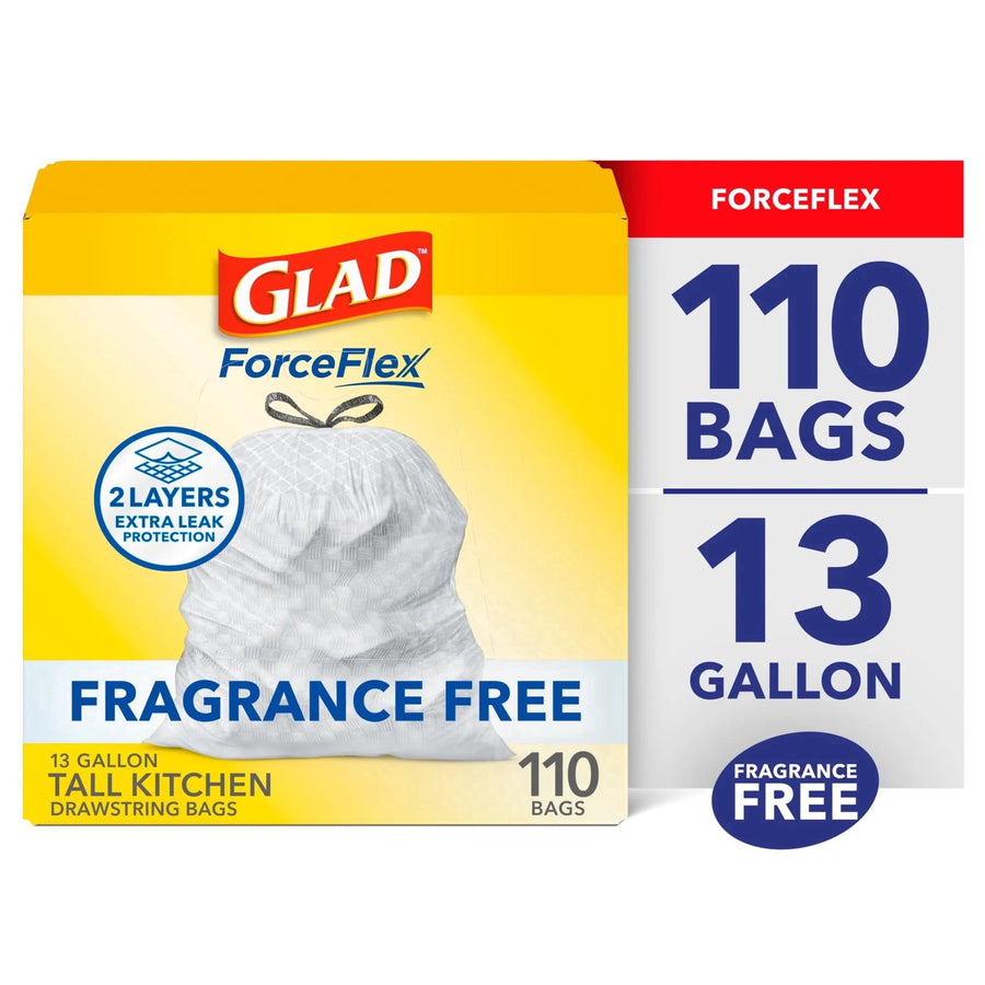 Glad ForceFlex 13-gallon fragrance-free tall kitchen drawstring trash bags box labeled 110 bags