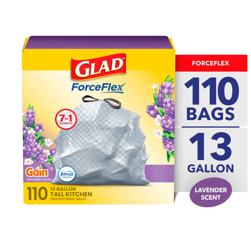 Box of Glad ForceFlex trash bags with lavender flowers and label showing 110 and 13 gallon on white background.