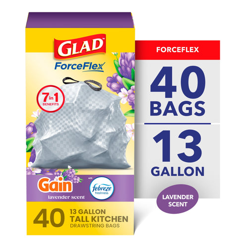 Retail box of Glad ForceFlex 13-gallon tall kitchen drawstring bags with Gain lavender scent and 40 bags callout