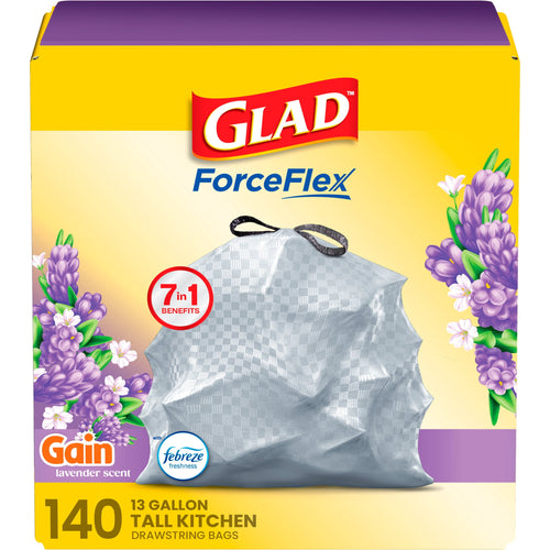 Front-of-box Glad ForceFlex trash bags with Gain lavender artwork, bag image and '140 13 gallon tall kitchen' labeling.