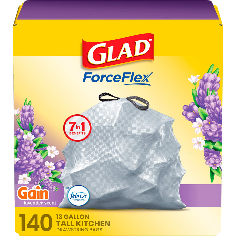 Front-of-box Glad ForceFlex trash bags with Gain lavender artwork, bag image and '140 13 gallon tall kitchen' labeling.