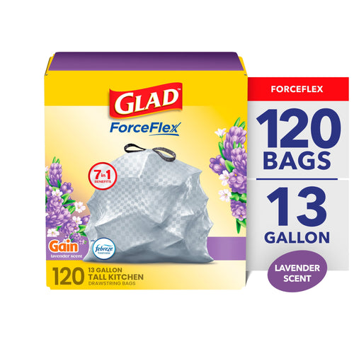 Glad ForceFlex 13-gallon lavender-scented trash bag box with Gain and Febreze logos and floral accents.