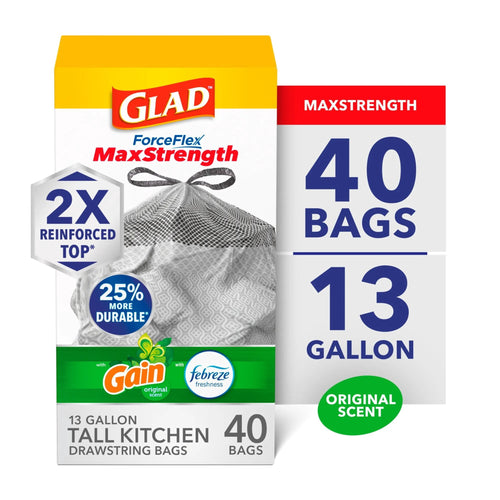 Front-of-box product image of Glad ForceFlex MaxStrength 13-gallon drawstring trash bags with Gain and Febreze logos and large '40 bags' callout.