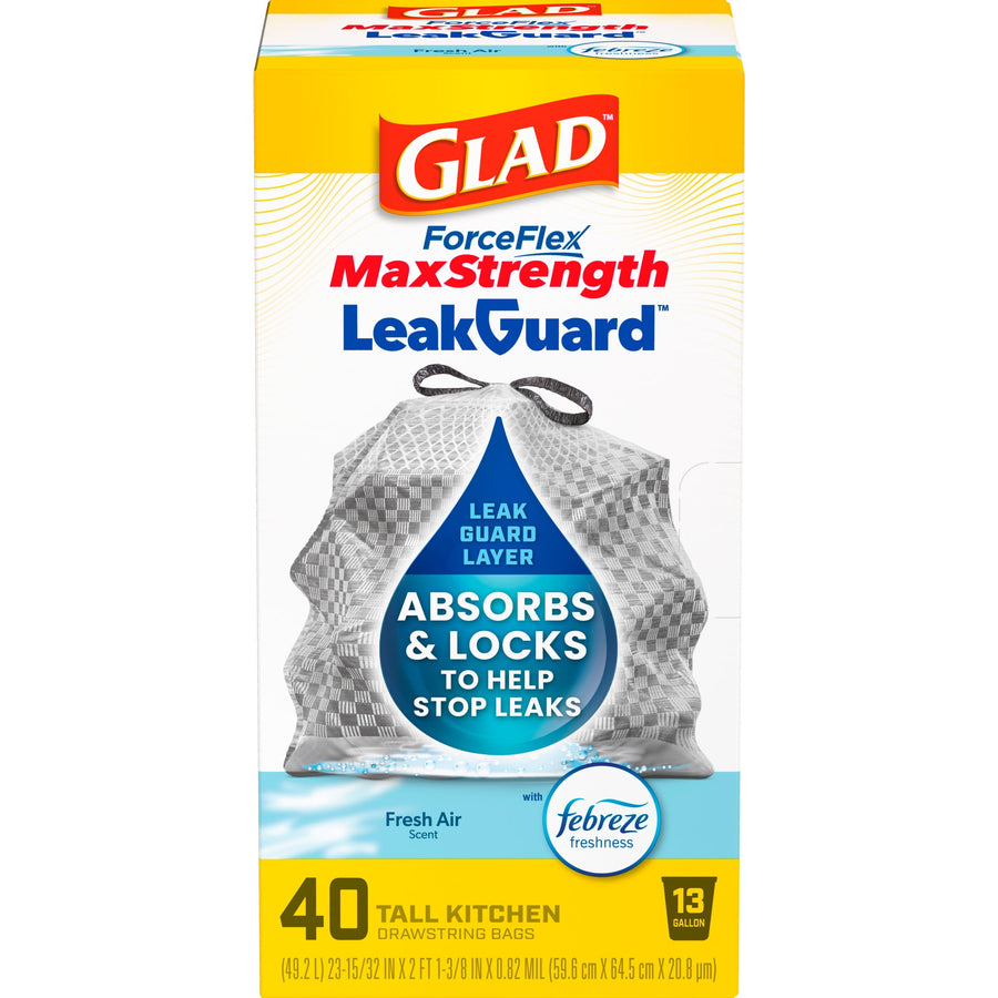 Front of Glad ForceFlex MaxStrength LeakGuard 13-gallon tall kitchen drawstring bag box, showing Febreze badge and 'Absorbs & Locks' droplet graphic.