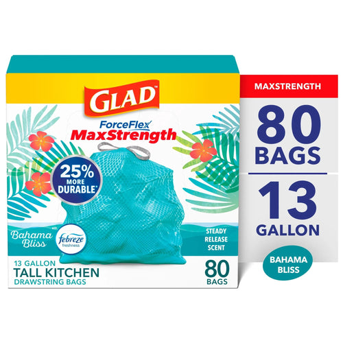 Glad ForceFlex MaxStrength box front showing teal drawstring trash bag and 80 bags callout